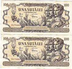 Lot 2 bancnote SERII CONTINUE 100 lei 5 decembrie 1947,filigran BNR,VF foto