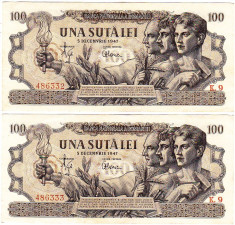 Lot 2 bancnote SERII CONTINUE 100 lei 5 decembrie 1947,filigran BNR,XF/a.UNC foto