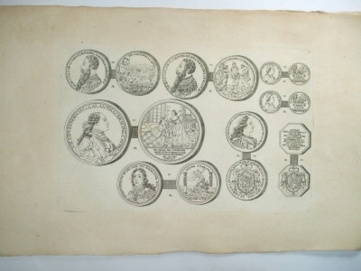 Gravura circa 1820 monede Romania Transilvania Printul Nicolas I Esterhazy, Imparatul Ferdinand al II lea de Habsburg foto