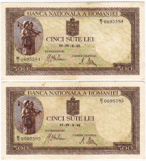 Lot 2 bancnote SERII CONTINUE 500 lei 2 aprilie 1941,XF/a.UNC,filigran vertical foto