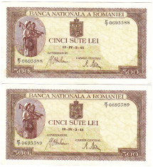 Lot 2 bancnote SERII CONTINUE 500 lei 2 aprilie 1941,XF/a.UNC,filigran vertical foto
