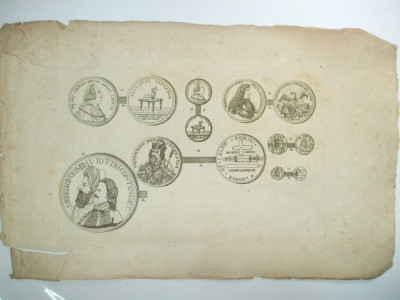 Gravura circa 1820 monede Romania Transilvania Imparatul Sigismund de Luxemburg foto