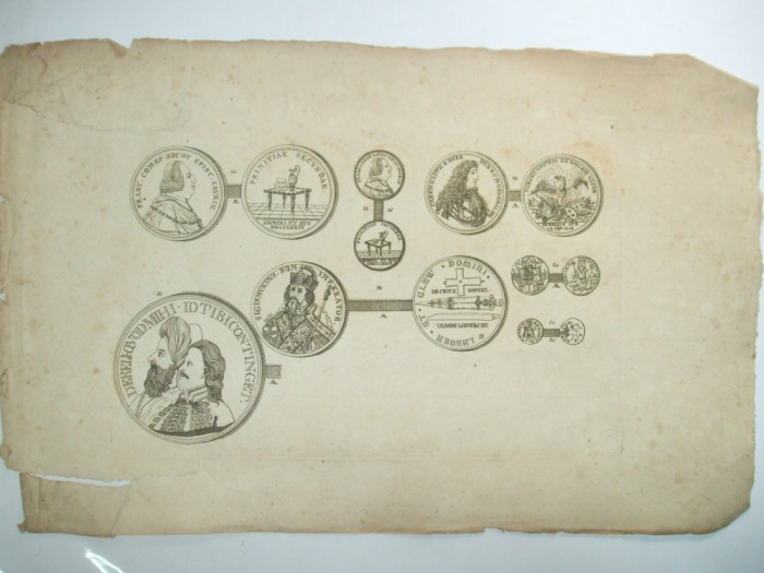 Gravura circa 1820 monede Romania Transilvania Imparatul Sigismund de Luxemburg
