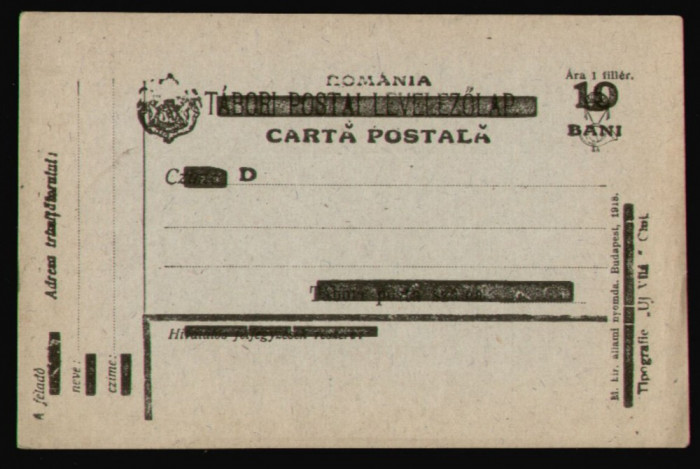 Romania 1919 - Carte postala maghiara supratipar in romana 10 Bani / 1 filler