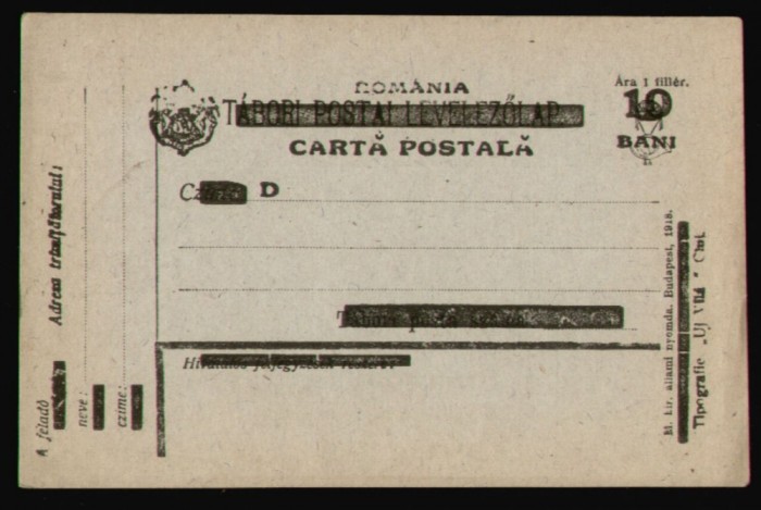 Romania 1919 - Carte postala maghiara supratipar in romana 10 Bani / 1 filler