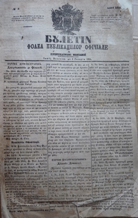 Buletin , foaia publ. oficiale in Principatul Moldovei , Iasi , nr. 1 din 1854