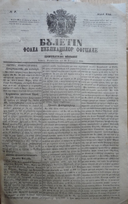 Buletin , foaia publ. oficiale in Principatul Moldovei , Iasi , nr. 7 din 1854