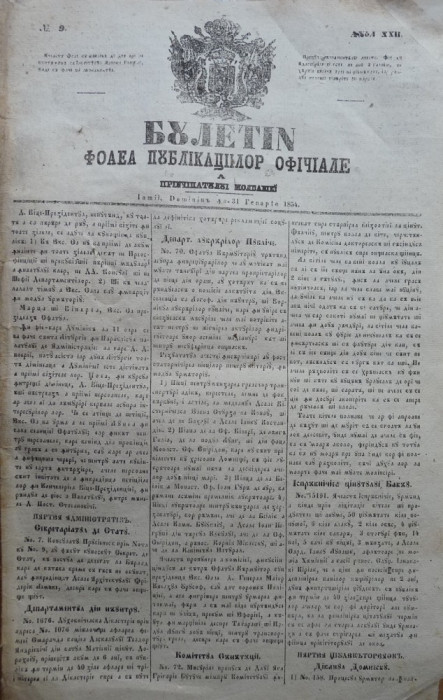 Buletin , foaia publ. oficiale in Principatul Moldovei , Iasi , nr. 9 din 1854