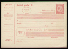 Romania 1947 - Mandat postal cu marca fixa Mihai 100 Lei roziu pe carton alb foto