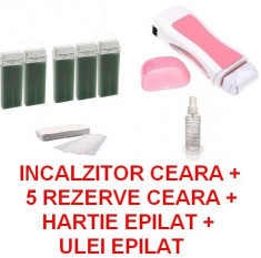 KIT EPILARE SET EPILAT INCALZITOR aparat incalzit ceara + 5 cartuse + set hartie epilat + ulei dupa epilat foto