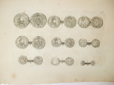 Gravura circa 1820 monede Ungaria Imparatul Mathias II 1608 - 1619 foto