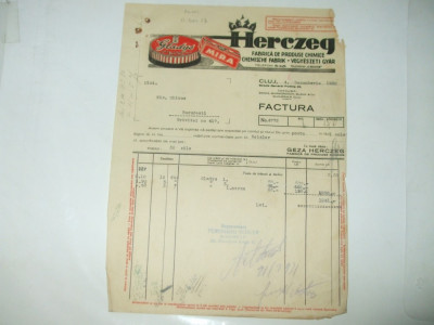 Factura Cluj, 1930, Geza Herczeg, Fabrica de produse chimice foto