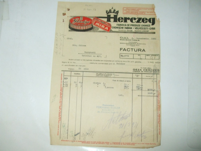 Factura Cluj, 1930, Geza Herczeg, Fabrica de produse chimice