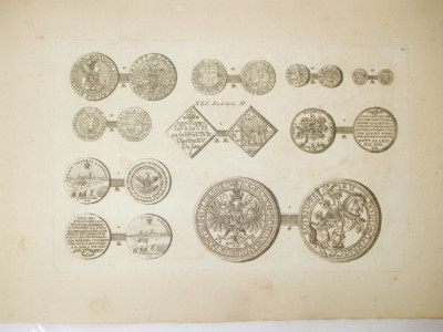 Gravura circa 1820 monede Ungaria Imparatul Mathias II 1608 - 1619 Imparatul Maximilian II 1564 - 1576 foto