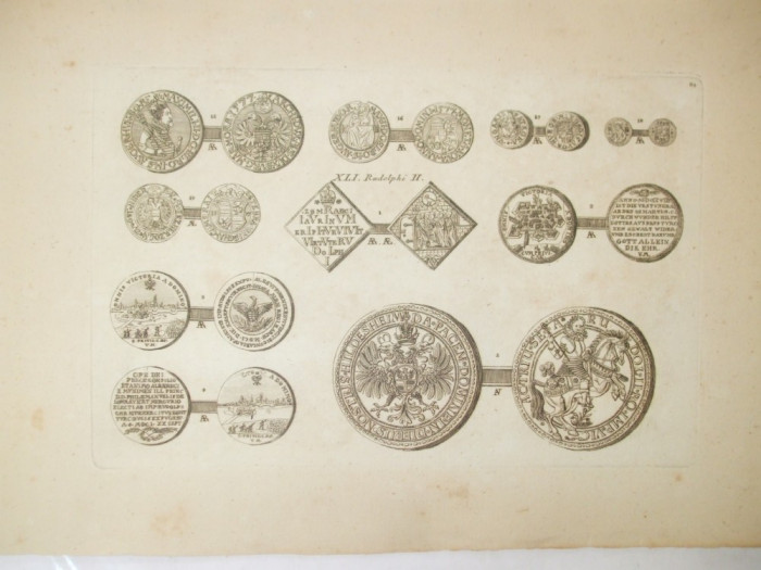 Gravura circa 1820 monede Ungaria Imparatul Mathias II 1608 - 1619 Imparatul Maximilian II 1564 - 1576