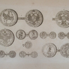 Gravura circa 1820 monede Ungaria Imparatul Ferdinand II 1619 - 1637