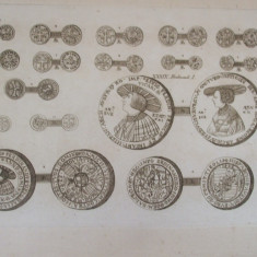 Gravura circa 1820 monede Ungaria Imparatul Ferdinand I 1526 - 1564