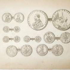 Gravura circa 1820 monede Ungaria Imparatul Maximilian II 1564 - 1576