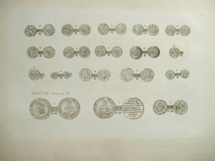 Gravura circa 1820 monede Ungaria Regele Ludovic II 1516 - 1526