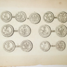 Gravura circa 1820 monede Ungaria Imparatul Ferdinand II 1619 - 1637