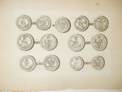 Gravura circa 1820 monede Ungaria Imparatul Ferdinand II 1619 - 1637 foto