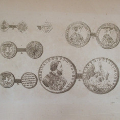 Gravura circa 1820 monede Ungaria Imparatul Ferdinand I 1526 - 1564