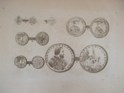 Gravura circa 1820 monede Ungaria Imparatul Ferdinand I 1526 - 1564 foto