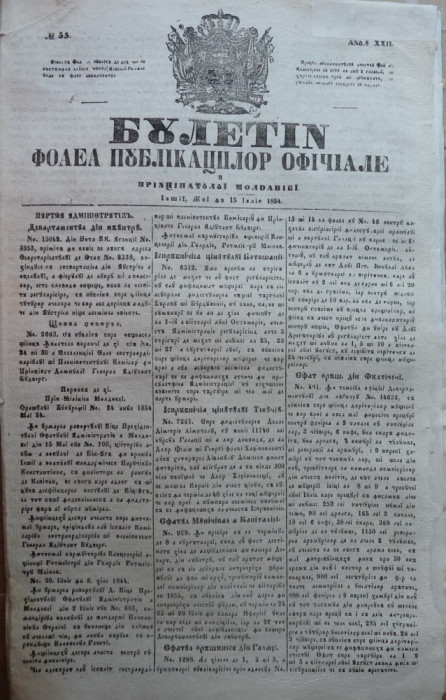Buletin , foaia publ. oficiale in Principatul Moldovei , Iasi , nr. 35 din 1854