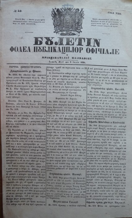 Buletin , foaia publ. oficiale in Principatul Moldovei , Iasi , nr. 33 din 1854