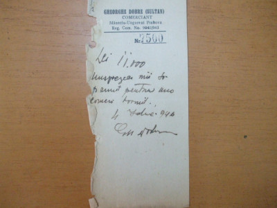 Nota de plata Gheorghe Dobre (Sultan) Comerciant Maneciu Ungureni Prahova 1946 foto