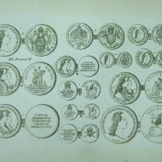 Gravura circa 1820 monede Ungaria Imparatul Leopold II Imparatul Francisc I
