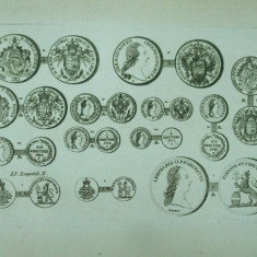 Gravura circa 1820 monede Ungaria Imparatul Iosif II Imparatul Leopold II