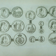 Gravura circa 1820 monede Ungaria Imparateasa Maria Tereza Imparatul Iosif II