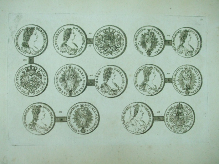 Gravura circa 1820 monede Ungaria Imparateasa Maria Tereza