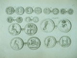 Gravura circa 1820 monede Ungaria Imparatul Iosif II Imparateasa Maria Tereza