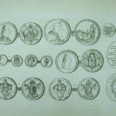 Gravura circa 1820 monede Ungaria Imparatul Leopold II Imparatul Ferdinand IV si regina Maria Carolina