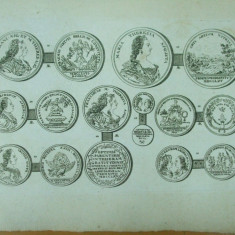 Gravura circa 1820 monede Ungaria Imparateasa Maria Tereza Imparatul Francisc I Arhiducesa Ioana Gabriela
