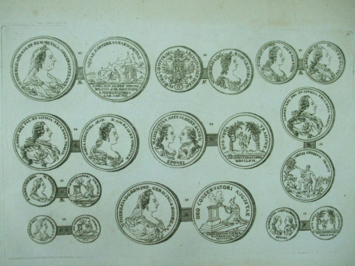 Gravura circa 1820 monede Ungaria Imparateasa Maria Tereza Arhiducesa Maria Christina Printul Albert De Saxonia