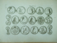 Gravura circa 1820 monede Ungaria Imparateasa Maria Tereza Imparatul Francisc I foto