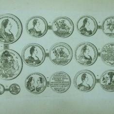 Gravura circa 1820 monede Ungaria Imparateasa Maria Tereza Imparatul Iosif II Imparateasa Maria Carolina de Austria