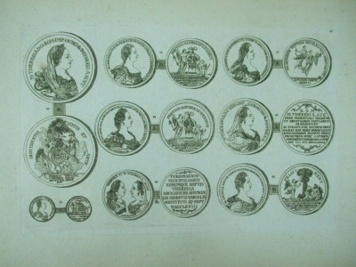 Gravura circa 1820 monede Ungaria Imparateasa Maria Tereza Imparatul Iosif II Imparateasa Maria Carolina de Austria foto
