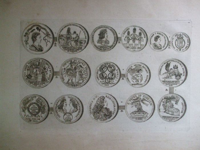 Gravura circa 1820 monede Ungaria Imparatul Iosif I