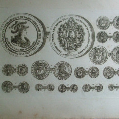 Gravura circa 1820 monede Ungaria Imparatul Leopold I Imparatul Iosif I