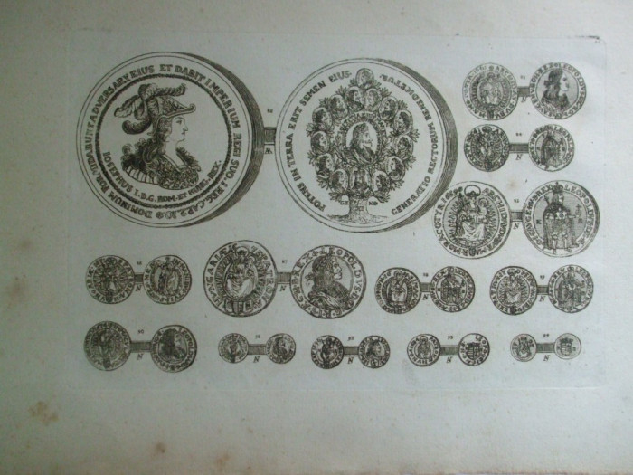 Gravura circa 1820 monede Ungaria Imparatul Leopold I Imparatul Iosif I