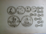 Gravura circa 1820 monede Ungaria Imparatul Carol VI Imparateasa Elisabeta Cristina