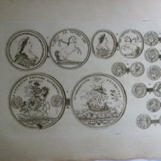 Gravura circa 1820 monede Ungaria Imparatul Carol VI Imparateasa Elisabeta Cristina