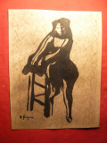 Tus- Femeie pe scaun , semnata V.Grigore , 24x31 cm