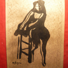 Tus- Femeie pe scaun , semnata V.Grigore , 24x31 cm