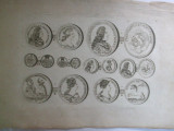 Gravura circa 1820 monede Ungaria Imparatul Carol VI Imparateasa Elisabeta Cristina