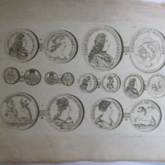 Gravura circa 1820 monede Ungaria Imparatul Carol VI Imparateasa Elisabeta Cristina